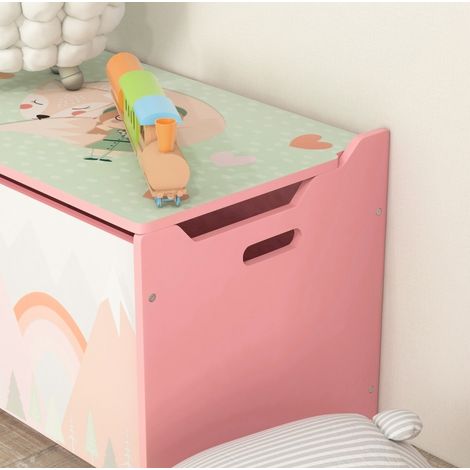 Coffre de rangement enfant en bois rose avec couvercle et charnière de sécurité 60 x 37 x 39 cm (1/5)