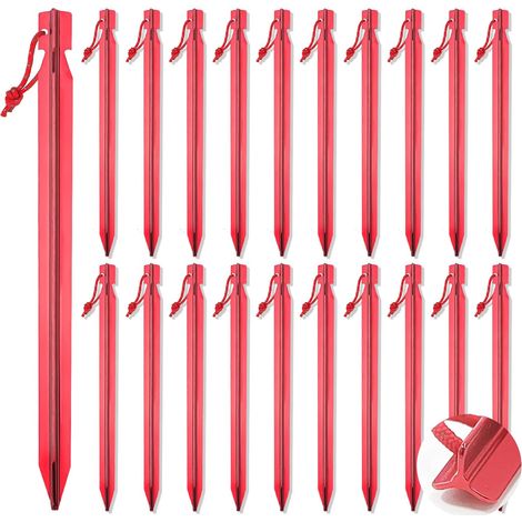 Lot de 20 piquets de tente ultralégers en aluminium rouge - Ancrages au sol portables et antirouille pour la plage et les activités de plein air (1/5)