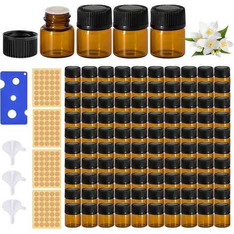 Lot de 100 mini bouteilles en verre ambré vides de 1 ml pour huiles essentielles, avec autocollants, entonnoir et décapsuleur, pour aromathérapie et massage (1/5)