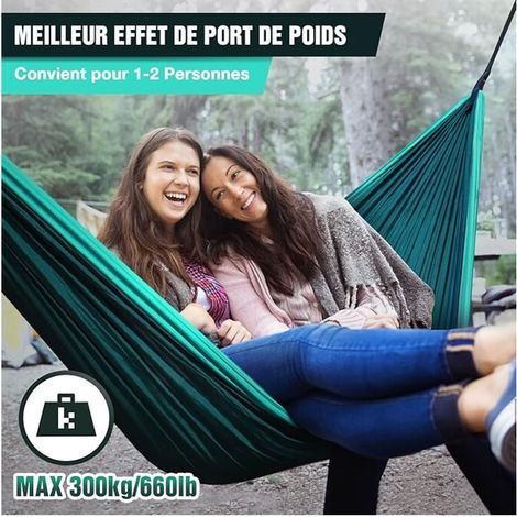 Hamac d'extérieur, hamac de voyage 300x200cm pour 2 personnes, hamac de camping en soie parachute 300kg avec 2 sangles en nylon + 2 boucles de randonnée en acier solide (Nouveau rose épelant gris clai (1/4)