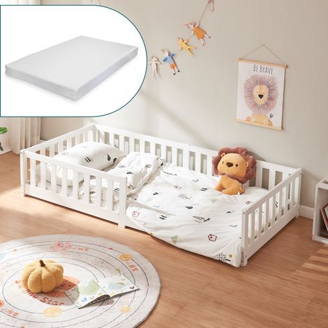 Letto Montessori per Cameretta Tanna in Legno di Pino con Materasso a Schiuma Fredda 90 x 200 cm - Bianco [en.casa] (1/5)