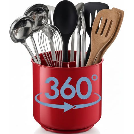 Porte-ustensiles Rotatif Extra Large Rouge avec Base lestée Robuste sans Pointe, séparateur Amovible et Insert antidérapant Antirouille et Passe au Lave-Vaisselle (1/5)