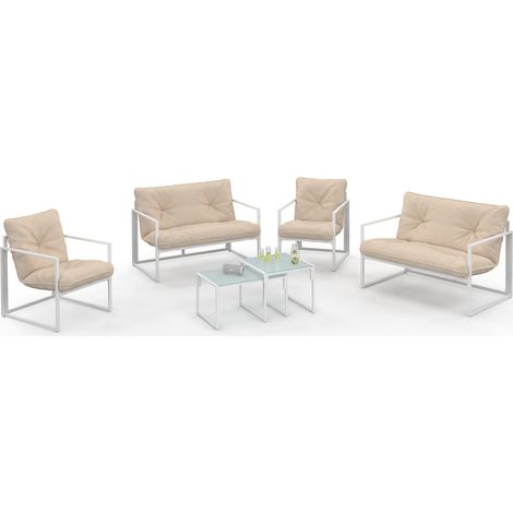 NAIROBI Set di mobili da giardino bassi a 6 posti in acciaio bianco con cuscini beige