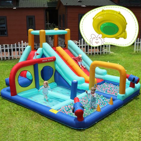 Château Gonflable Aquatique avec Double Toboggan et Mur d'Escalade - Aire de Jeux Extérieur avec Canon à Eau, Fontaine et Sac de Frappe - Souffleur Inclus - Bleu
