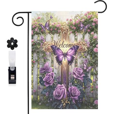 Drapeau de jardin croix et Welcome pour l'été 30 x 45 cm décoration cour et balcon (1/5)
