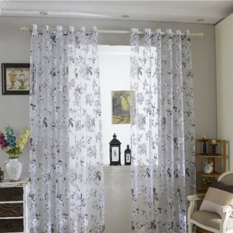 1 Voilage, Gaze, Motif floral, 100x250cm, Blanc et violet, Pour rideaux et séparation (1/4)
