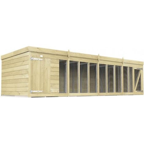16 x 6 Feet Dog Kennel and Run - Wood - L185 x W474 x H127 cm