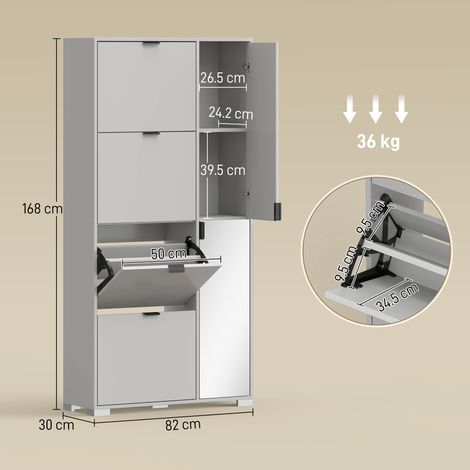 Meuble à chaussures avec miroir, 4 tiroirs, meuble à chaussures d'entrée, gris (1/5)
