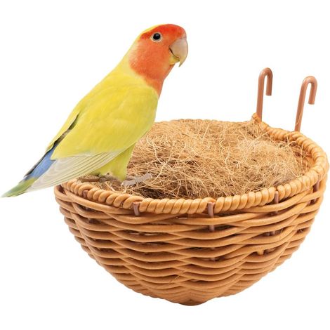 Nid à Oiseaux Antirodage avec Cadre Acier et Natte de Coco - Lavable avec Crochet, Accessoire de Cage Fait Main pour Perruches, Petits Perroquets et Canaris (1/5)