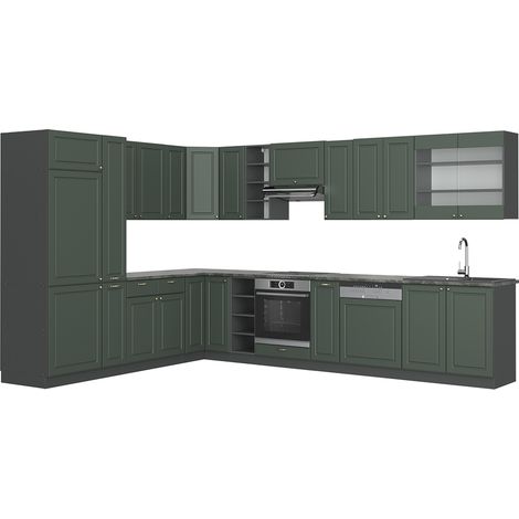Cucina angolare completa Fame-Line, Verde-oro rustico/Antracite, 347 x 257 cm, PL Antracite, Vicco