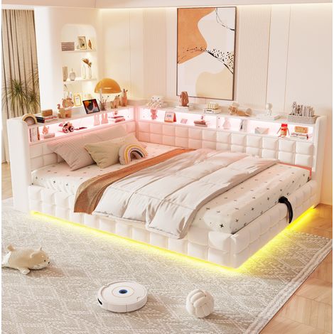 Lit banquette 140x200 cm lit coffre adulte avec rangement hydraulique, LED, prises USB et Type-C, velours beige (1/5)