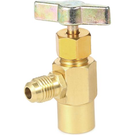 Outil de distribution pour bidon de réfrigérant R134A/R-134 pour climatisation automobile : robinet en aluminium à filetage ACME 1/2". (1/5)