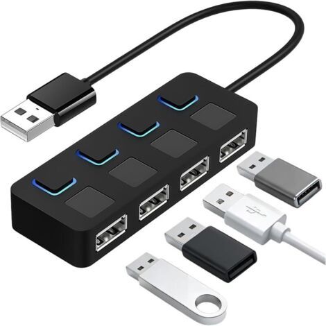 Pair Hub USB 4 Ports Alimenté, Multiport USB 2.0 Ultra Fin 480Mbps, 4 Port Multiple avec Commutateurs et Voyants d'alimentation Individuels, Adaptateur Hub Multiport pour PC Laptop MacBook iMac