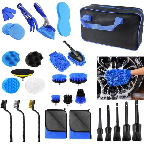 Kit de nettoyage de voiture, ensemble d'outils de 29 pièces, adapté pour nettoyer les roues sales, les intérieurs, les extérieurs, le cuir, etc., avec des couleurs bleues et noires. (1/5)