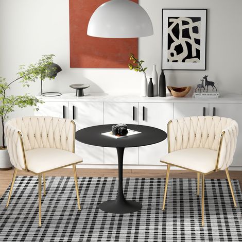 2er Set Esszimmerstühle Samt, skandinavische Esszimmerstühle, mit geflochtener Rückenlehne und goldenen Metallbeinen, skandinavisch, Beige (1/5)