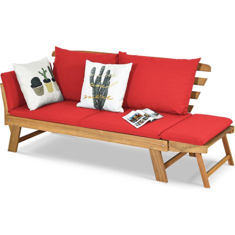 COSTWAY Canapé Lit de Jardin Convertible 2 Places en Bois d’Acacia avec Coussin, Canapé de Jardin 2 en 1 avec Accoudoir Réglable Charge 320KG, pour Patio Piscine Cour (Rouge) (1/5)