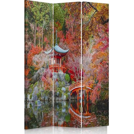 Paravent Jardin Japonais 3 Volets, Élégance Asiatique - 110 x 150 cm - 2 faces R° V° + rotation 360° (1/5)