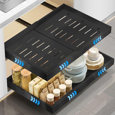 Lot de 2 Tiroir Coulissant Cuisine Adhesif le Rangement Cuisine, Organisateur de Placard Extensible, (32-52cm L x 53cm P x 7,5cm H) Système à 3 Rails, Pas de Perçage ni de Clouage, Noir (1/5)