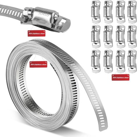 5m Colliers Inox Réglables 304, Pour Eau/Gaz/Auto/Dépression, 12 Colliers, Polyvalent. (1/5)