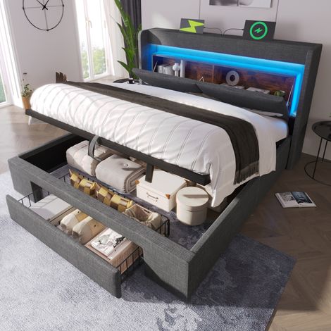 Cama dormitorio 140x200 con almacenaje LED USB-C gris HAVRYA (1/5)