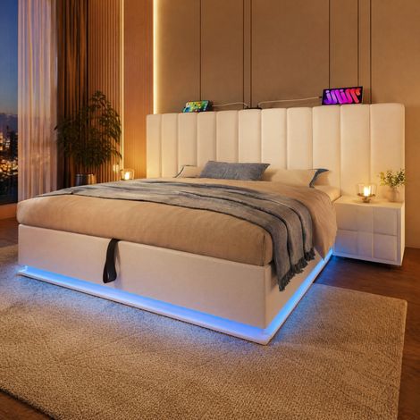 FLORAGRACE Lit coffre 180x200 en PU blanc avec LED contrôlées par appli, 3 USB + 1 USB-C, sommier à lattes (1/5)