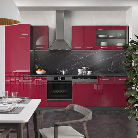 Cucina componibile R-Line, Bordeaux lucido/antracite, 300 cm senza piano di lavoro, Vicco (1/5)