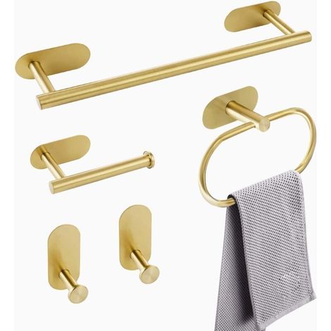 Kit Salle de Bain 5 Pièces - Accessoires en Acier Inoxydable SUS304, Barres et Anneaux Porte-Serviette Dorés sans Perçage