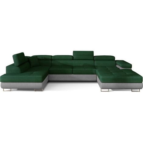 Canapé panoramique convertible ROMANO - Rangement et appuie-têtes réglables à droite-Gris clair/Vert-Coffre à droite (1/5)