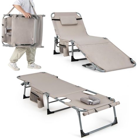 COSTWAY Bain de Soleil en Aluminium avec Dossier Réglable, Chaise Longue Pliante avec Oreiller Amovible et Trou pour Le Visage, Transat avec Poche Latérale, pour Jardin, Plage, Charge 180 KG (Beige) (1/5)