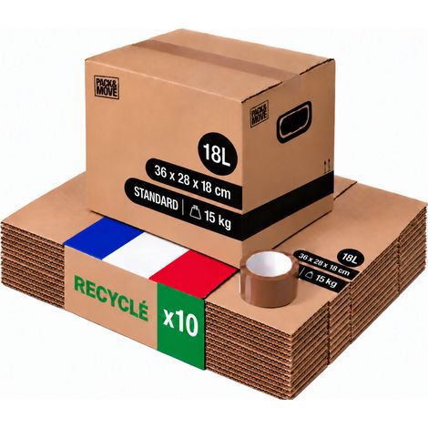 Pack and Move - Lot 10 Cartons Déménagement Stockage S - 36 x 28 x 18 cm - Poignées renforcées - 1 adhésif offert (1/5)
