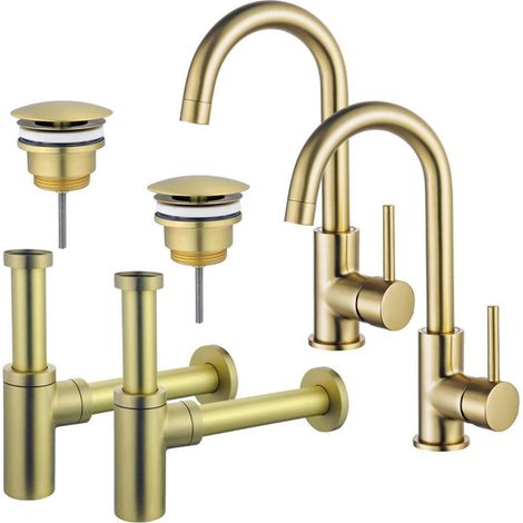 FugaFlow Eccelente Sobrado Kit robinet lavabo - pour double vasque - robinet haut - bec rotatif - bonde non-obturable - siphon design - Laiton brossé (1/4)