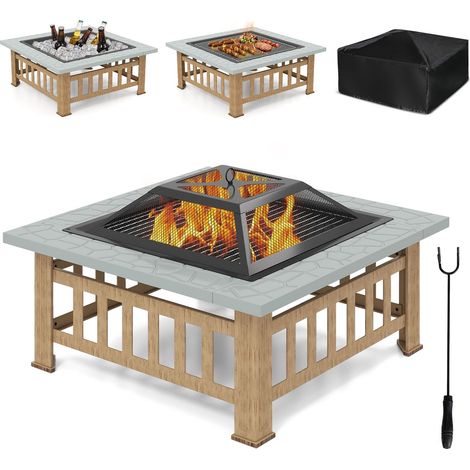 Outdoor Fire Pit, Grill Grate, Spark Guard, Poker, Gray