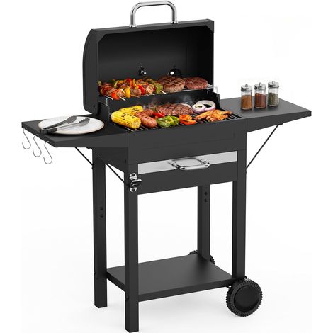 Barbecue Charbon de Bois XXL avec Couvercle - Grand Barbecue Charbon à Chariot, 2 Tables Latérales et Thermomètre - BBQ Fumoir Portable avec Roues pour Jardin, Camping et Fêtes en Extérieur (1/5)