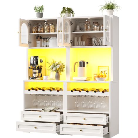 CHICFURN Armario alto blanco con puertas de cristal arqueadas, LED controlable por app y música, baldas ajustables, USB, botellero y antivuelco para salón y comedor (1/5)