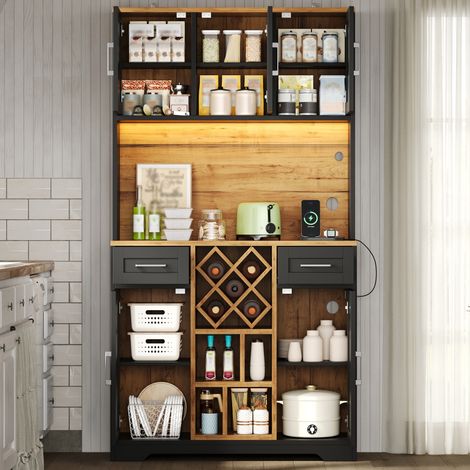 Meuble de rangement haut avec éclairage LED, armoire de cuisine avec étagères à vin, buffet vitré pour salon et salle à manger, 180 x 105 x 40 cm (1/5)