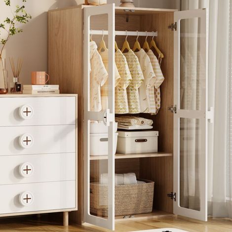 Armoire enfant 80 x 50 x 150 cm – 2 portes acrylique, tringle à vêtements, étagères réglables, blanc et naturel – Chambre d’enfant ordonnée (1/5)