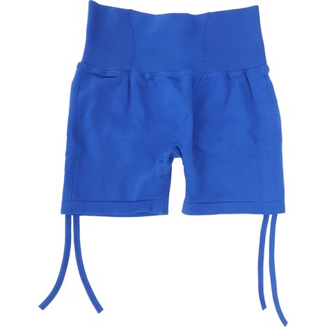 Short bleu taille haute pour femme - Shorty yoga sculptant ventre plat, évacue la transpiration, élastique, ajusté, avec cordon latéral, idéal pour fitness et salle de sport. (1/5)