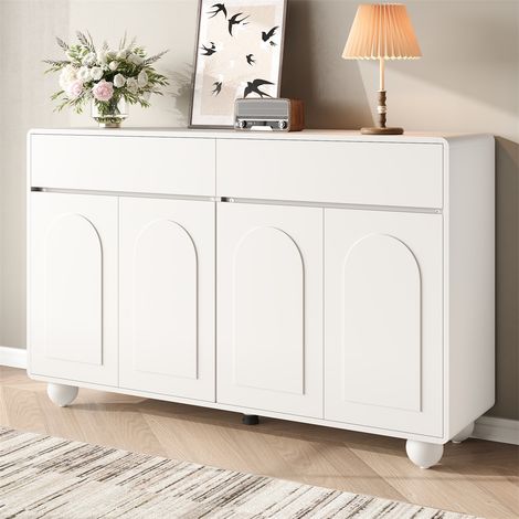 Sideboard - 140x38x89cm - 4 Portes Arc de Cercle et 2 Tiroirs Grand Rangement Moderne en MDF/PB avec Pieds Métal Ronds - Blanc (1/5)