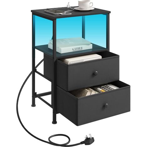 WOLTU 1x End Table with Charging Station, 2 Drawers Cabinet and 1 Open Shelf, Side Table for Living Room, Black