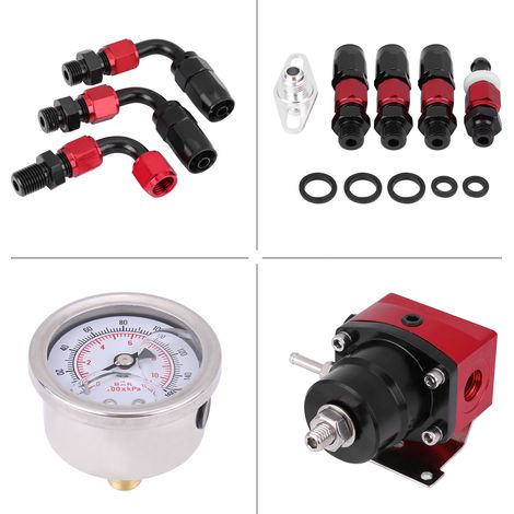 Régulateur pression carburant réglable manomètre 160 psi raccord AN6 kit universel noir rouge alliage aluminium (1/5)