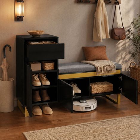 DESMIU Meuble à chaussures avec banc rembourré et tiroir, 2 portes et niche ouverte, pour entrée, noir, 120 × 35 × 85 cm (1/5)