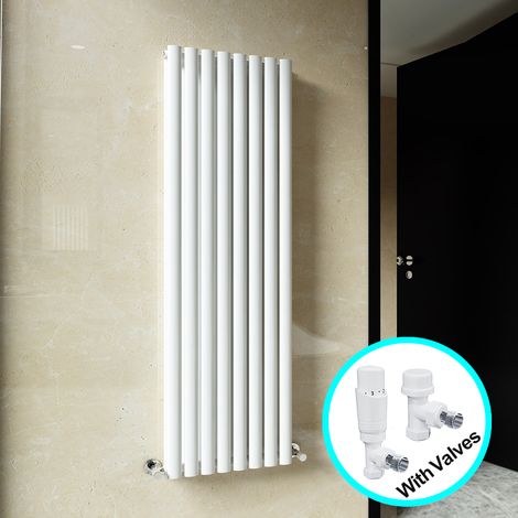 ELEGANT Central Heating Radiator 1600 x 472mm Vertical White Double Panel Oval Column Rad + White Thermostatic Radiator Valves (1/5)