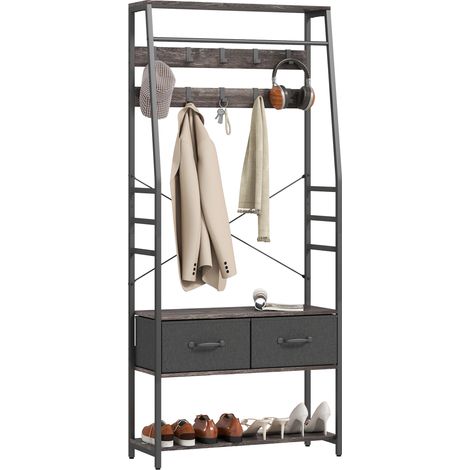 Coat Rack with Shoe Storage, Hall Tree, Industrial Coat Stand with Shoe Bench, 10 Removable Hooks, 2 Fabric Drawers and Clothes Rail for Entryway, Hallway, Grey