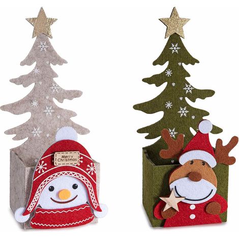 Cestini contenitori di Natale in panno con sagoma albero e decoro renna e pupazzo di neve con dettagli in legno, set da 12 pezzi, cm 10 x 7,5 x 22 H