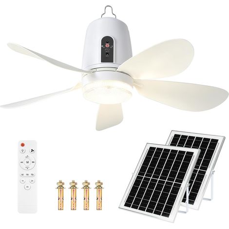 Ventilateur Solaire de Plafond avec Éclairage Panneau Solaire 24W Ventilateur 40cm 5 Pales 3Vitesses & 3Températures de Couleur Télécommande avec Minuterie Portable pour Camping Gazebo (1/5)
