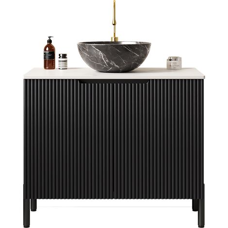 Meuble de salle de bains TURIO 76 cm avec vasque en céramique noire effet pierre et plan de travail en pierre sinterisée blanche (1/5)