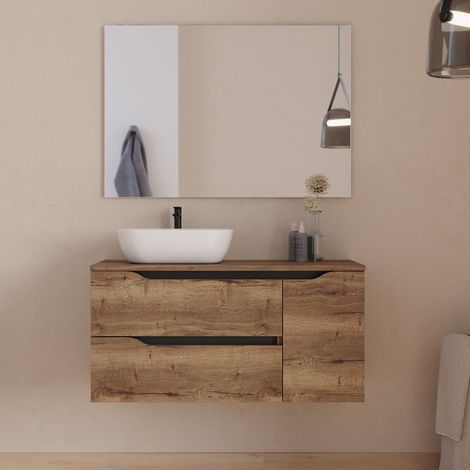 Meuble de salle de bain 100cm avec plateau, vasque à poser déportée à gauche Zeus et miroir - 2 tiroirs et un placard - tabaco (bois foncé) - ZARZA