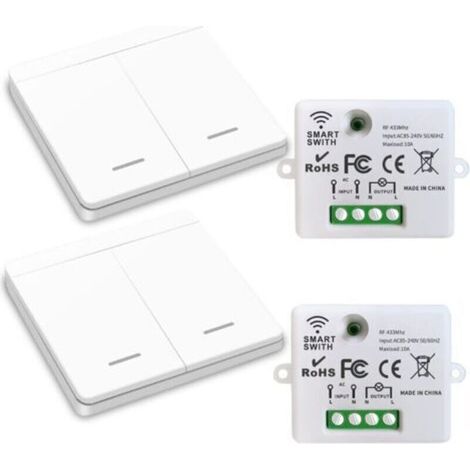 Interrupteur d'éclairage sans fil, interrupteur de sécurité de l'émetteur RF et contrôleur de récepteur 10A, installation facile pour lampe jusqu'à 1500W/2 récepteurs et 2 commutateurs (1/5)