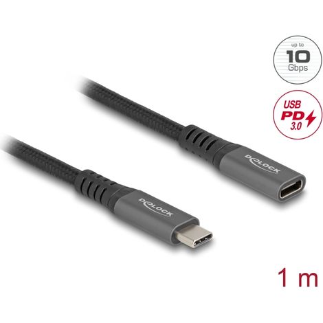 Delock Cable de extensiÃ³n USB 10 Gbps USB Type-Câ¢ macho a hembra PD 3.0 100 W 1 m gris metal