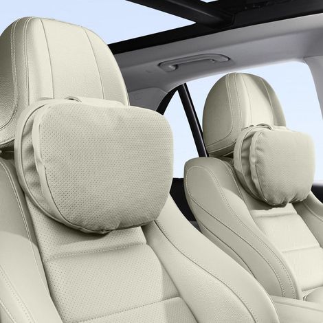 Repose-tête voiture cervical, 2 coussins confort, velours & cuir, beige (1/5)